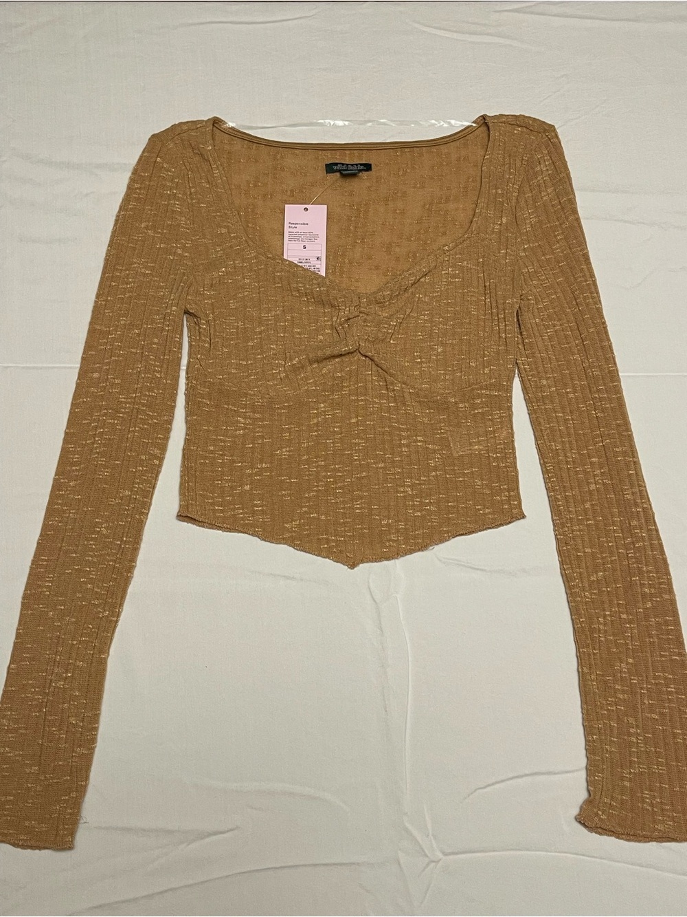 90s Y2K Ribbed Crop wild fable Mustard Twist-Front Sweetheart Neck Long Sleeve